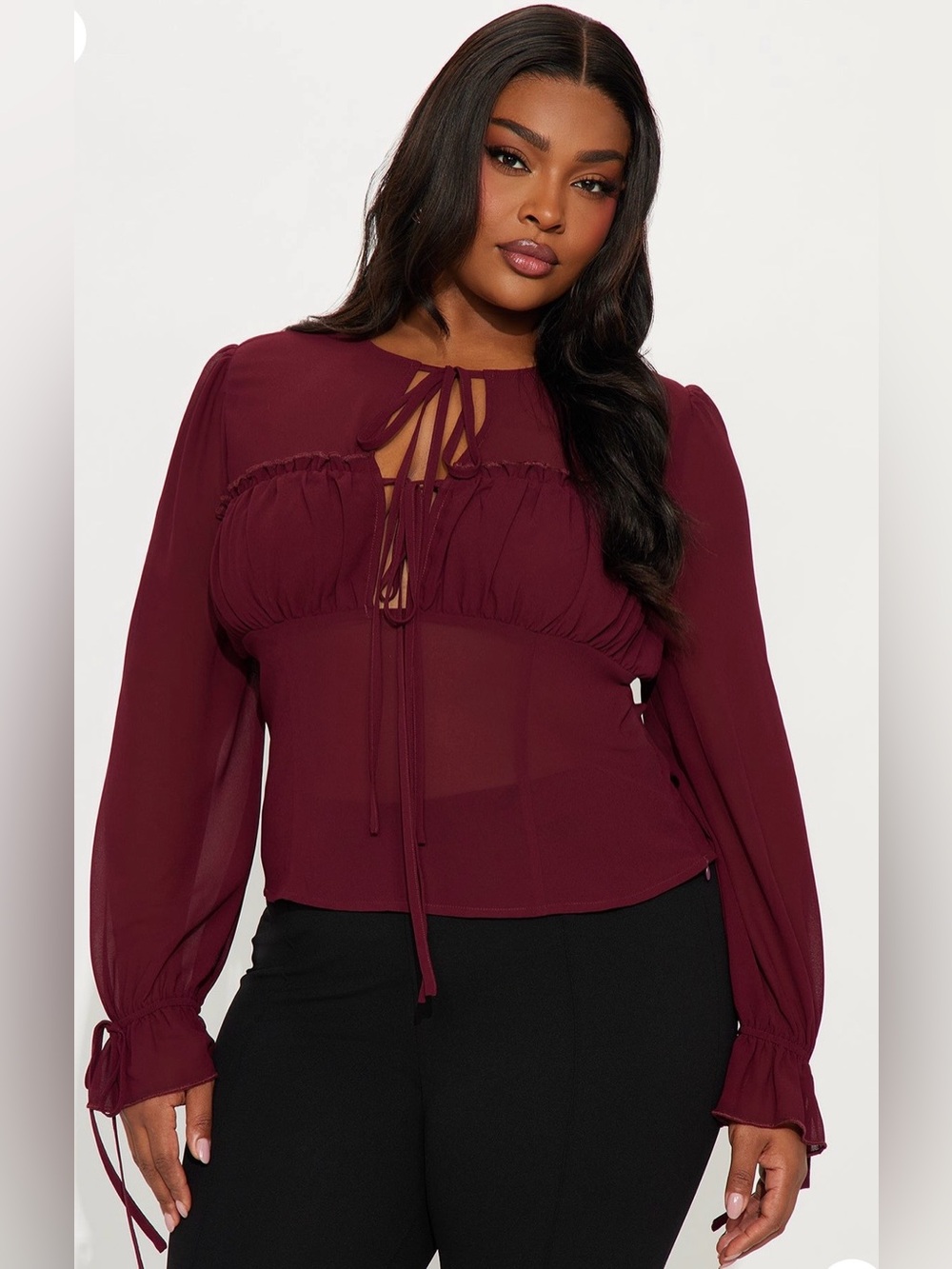 Fashion Nova Wine Tie-Front Long Sleeve Blouse